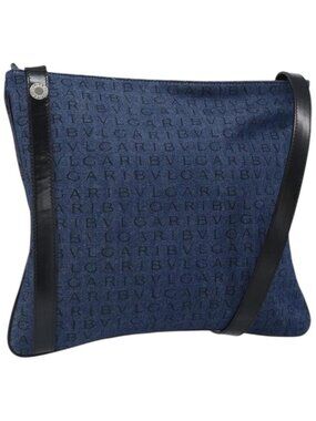 Authentic BVLGARI Logo Mania Shoulder Bag Canvas Blue Silver